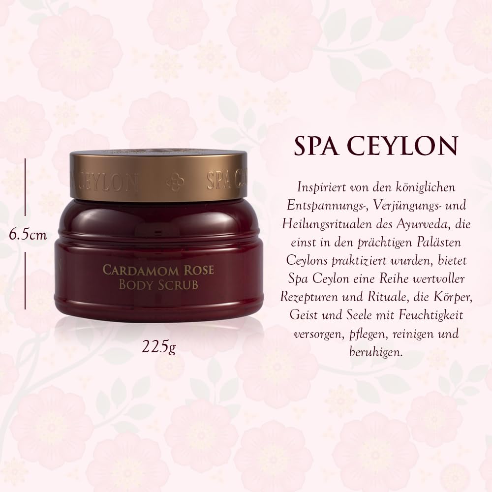 SPA CEYLON Cardamom Rose Body Scrub, 200 g ayurvedisches Körperpeeling mit Kardamom, Rose und Reiskl