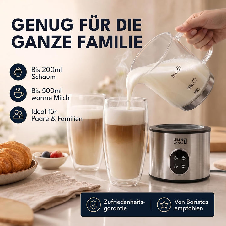 LEBENLANG Milchaufschäumer Glas - 100% BPA-Frei, XXL 500ml &amp; 600W I Abnehmbarer Behälter Spülmaschin