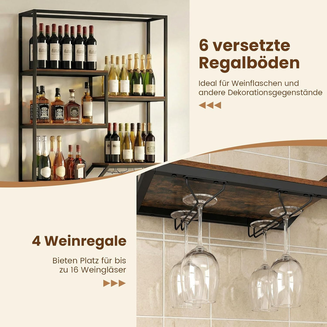 COSTWAY Weinregal Wand, Bar Regal mit 6 Regalböden &amp; 4 Glashalter, Flashenregal Metall, Weinflaschen