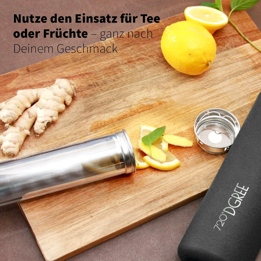 720°DGREE Edelstahl Thermo Trinkflasche 530ml “noLimit” +Früchtebehälter - Auslaufsicher, Kohlensäur