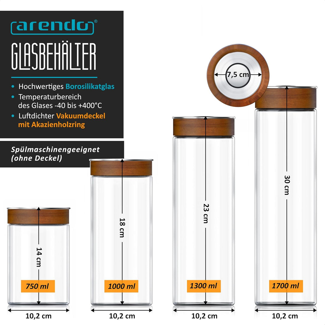 Arendo – 4er Set Vorratsgläser mit Vakuumdeckel luftdicht, Rund – 750ml 1000ml 1300 ml 1700ml - Boro