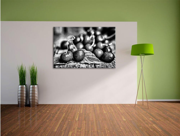Monocrome, Kirschen, Format: 100x70 auf Leinwand, XXL riesige Bilder fertig gerahmt mit Keilrahmen,