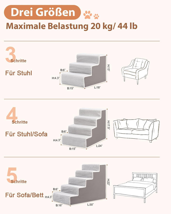 KSIIA Hundetreppe für Kleine Hunde 33cm Hoch, Haustiertreppe mit Abnehmbarem Waschbarem Bezug, Katze