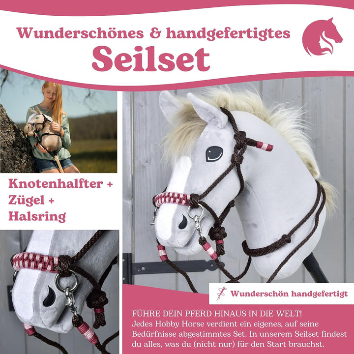 LarDen Hobby Horse Zubehör SeilSet - Halfter mit Zügel &amp; Halsring für Steckenpferd - Braun, Rot - St