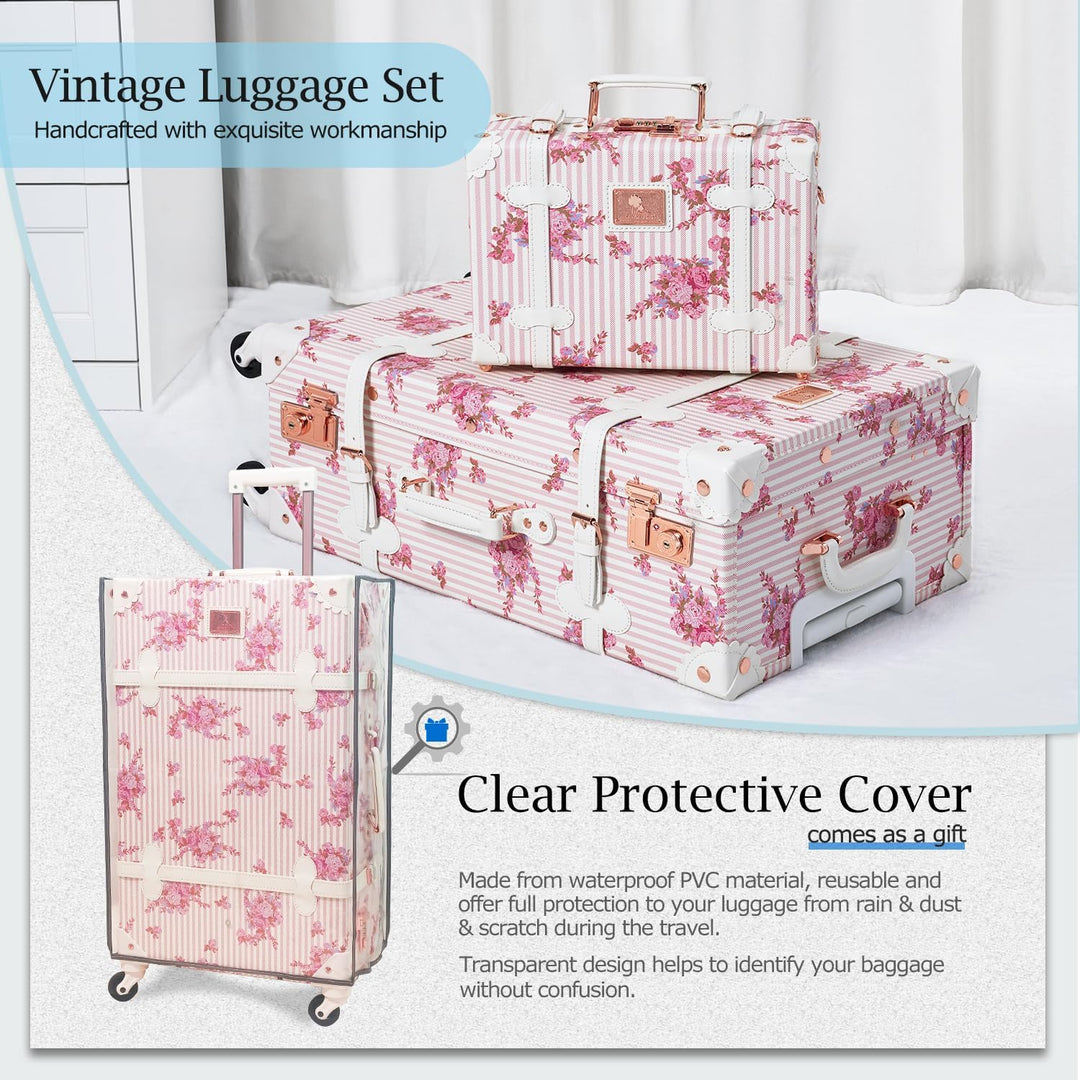 Unitravel Vintage Kofferset 3 Teilig, Retro PU-Leder Reisekoffer mit Kosmetikkoffer für Damen, Rosa