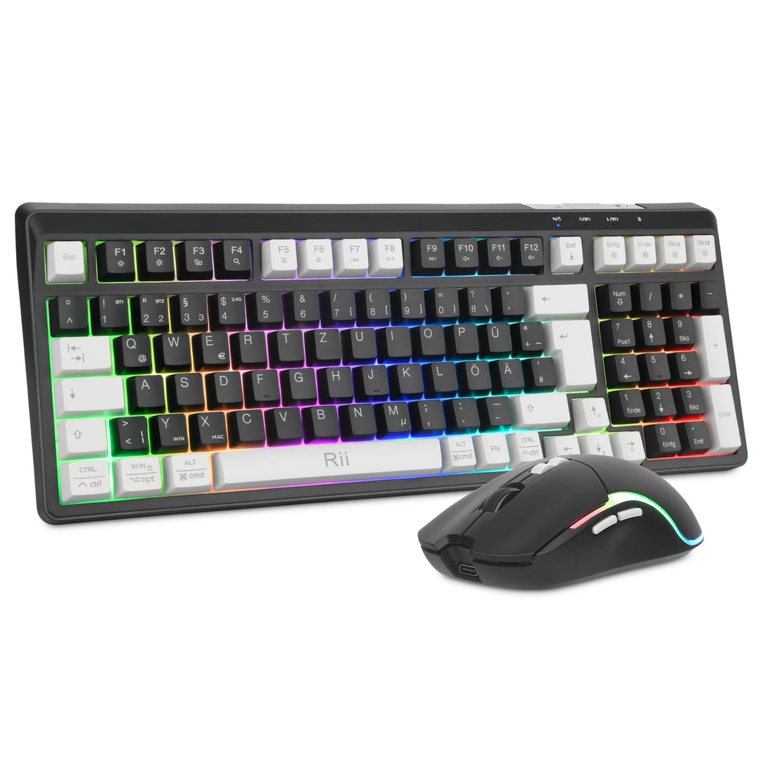 Rii Maus und Tastatur Kabellos Gaming, Tastatur Maus Set, Bluetooth + 2,4GHz Verbindung, LED-Hinterg