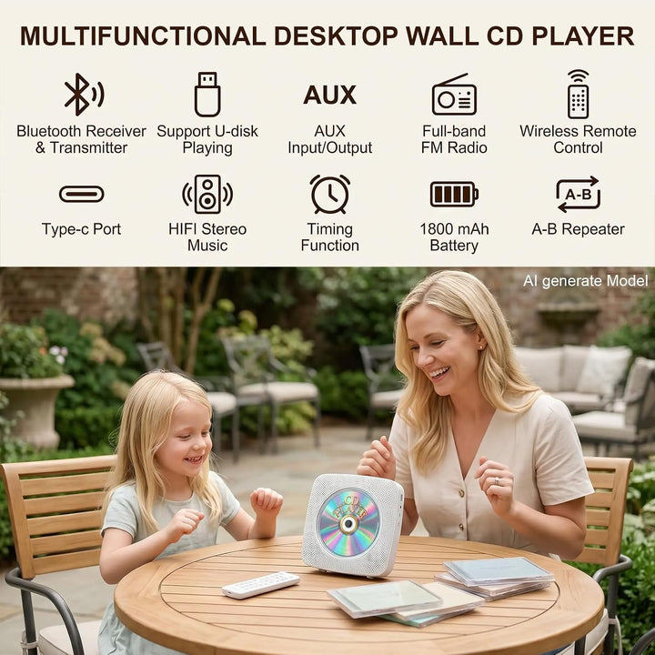 Gueray Desktop CD Player Bluetooth CD-Spieler mit Lautsprechern für Zuhause 1800mAh Tragbarer CD-Pla