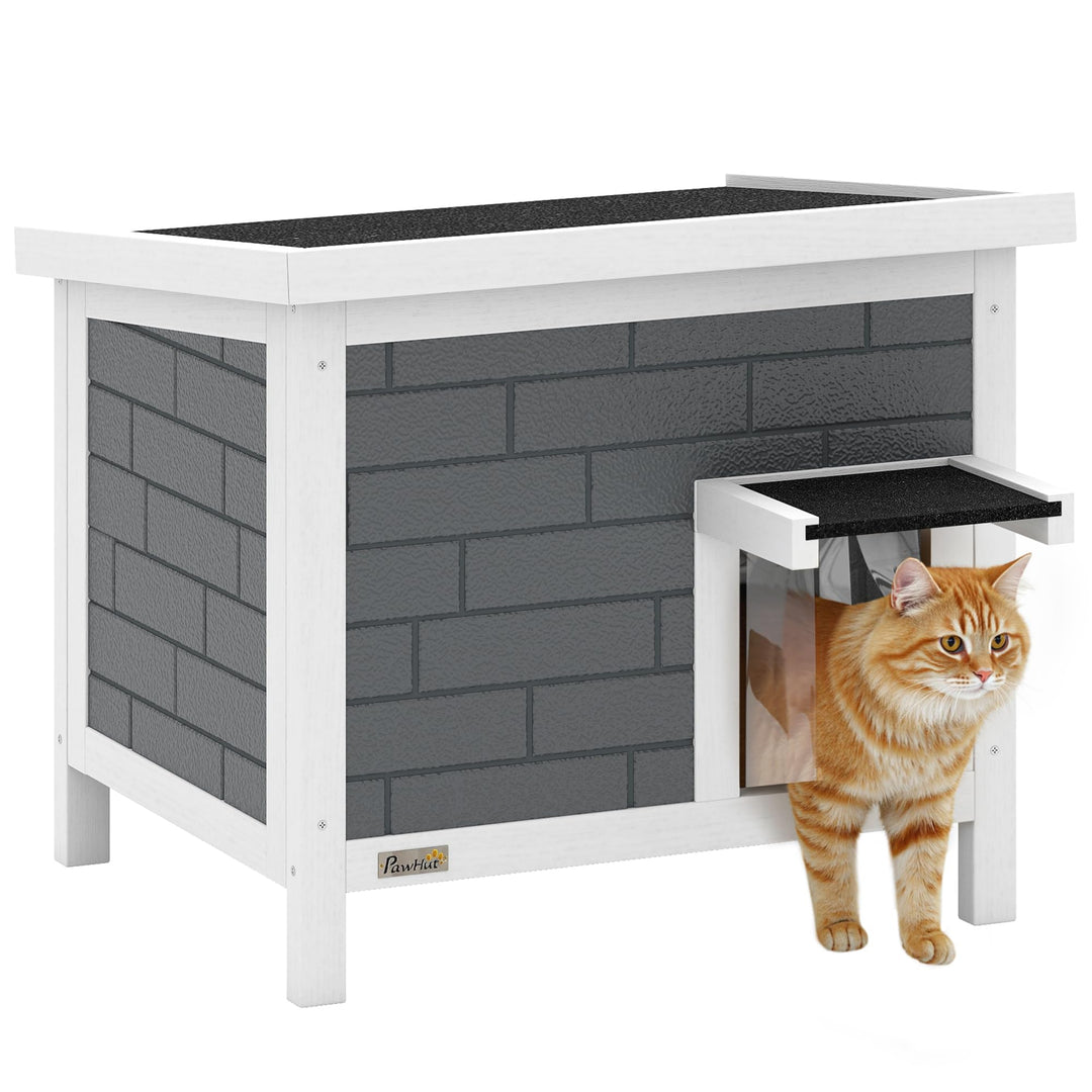 PawHut Katzenhaus Wetterfeste Katzenhütte aus Holz 61x51x53,5 cm Grau