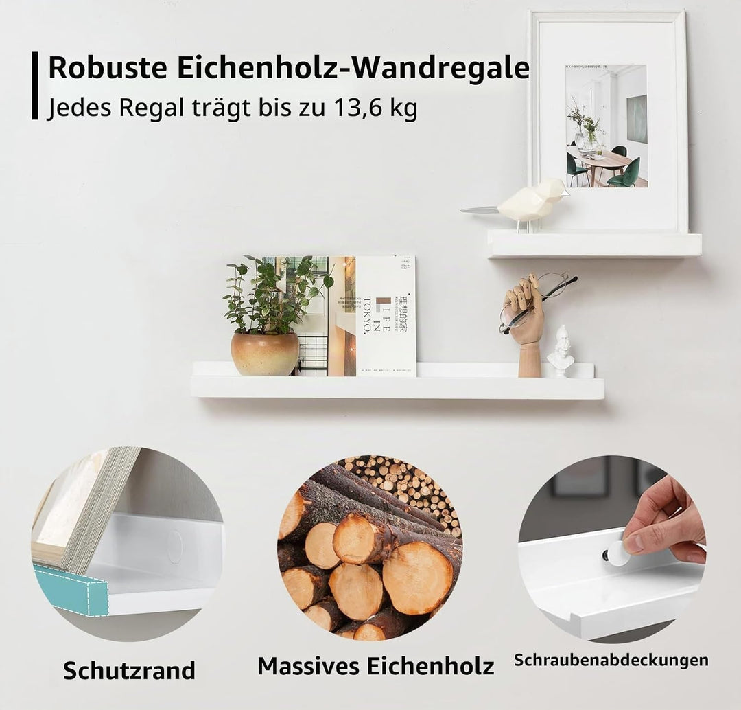 Wandregal Weiss, 40CM Bilderleiste Weiss massives Eichenholz Regal weiss Schweberegal für Fotorahmen