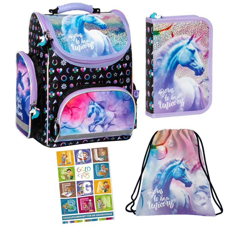Goldkids - Schulranzen für Jungen und Mädchen, 4er-Set - Schul-Rucksack für Kinder mit Schuhbeutel F