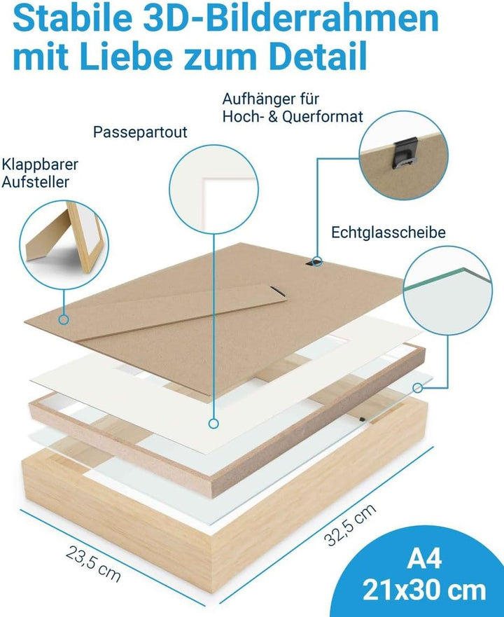 PHOTOLINI 3D Bilderrahmen zum Befüllen 21x30 A4 Natur, 1,5 cm tiefer Objektrahmen mit Glas, 2X tiefe