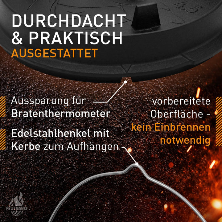 Dutch Oven 3,5L mit Füssen – Gusseiserner Topf für Outdoor Küche, Glut, Feuerstelle, BBQ – Schmortop