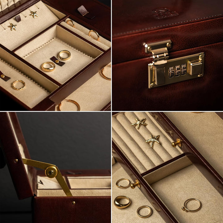 Time Resistance Braun Leder-Schmuckkästchen Vollnarbenleder Schmuck Organizer Aufbewahrung von Acces