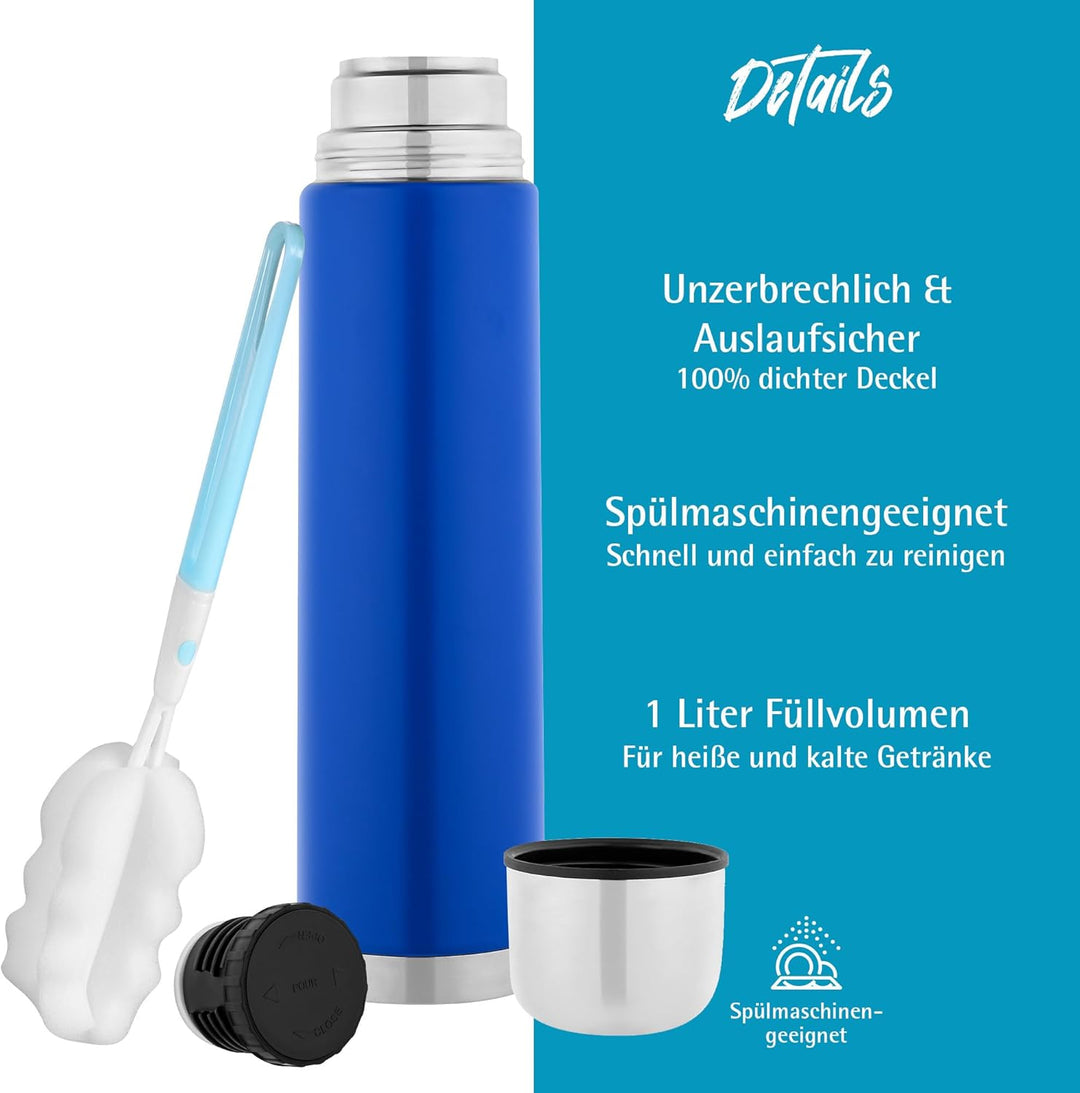 GRÄWE Thermosflasche,1 Liter Edelstahl Trinkflasche, Thermoskanne, Isolierflasche für unterwegs mit