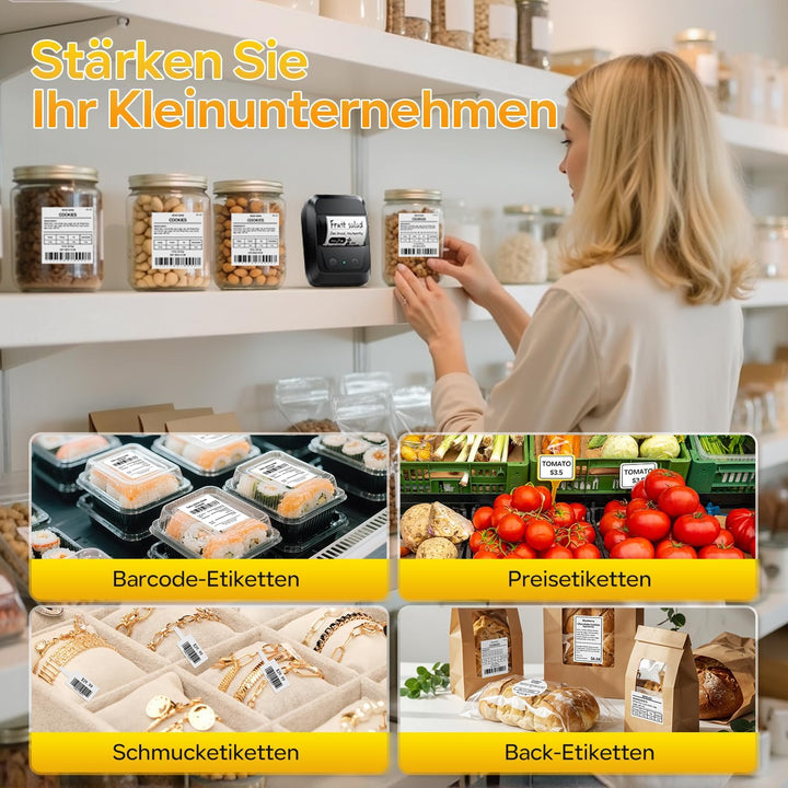 Memoking Etikettendrucker Selbstklebend, Bluetooth Label Printer mit 2000 Symbolen und 300 Vorlagen,