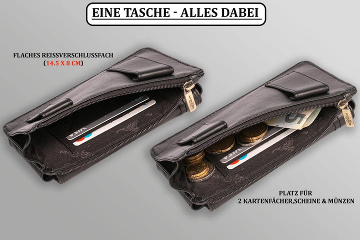 MATADOR Echtleder Gürteltasche mit getrenntem Reissverschlussfach für Karten und Münzen für Geräte b