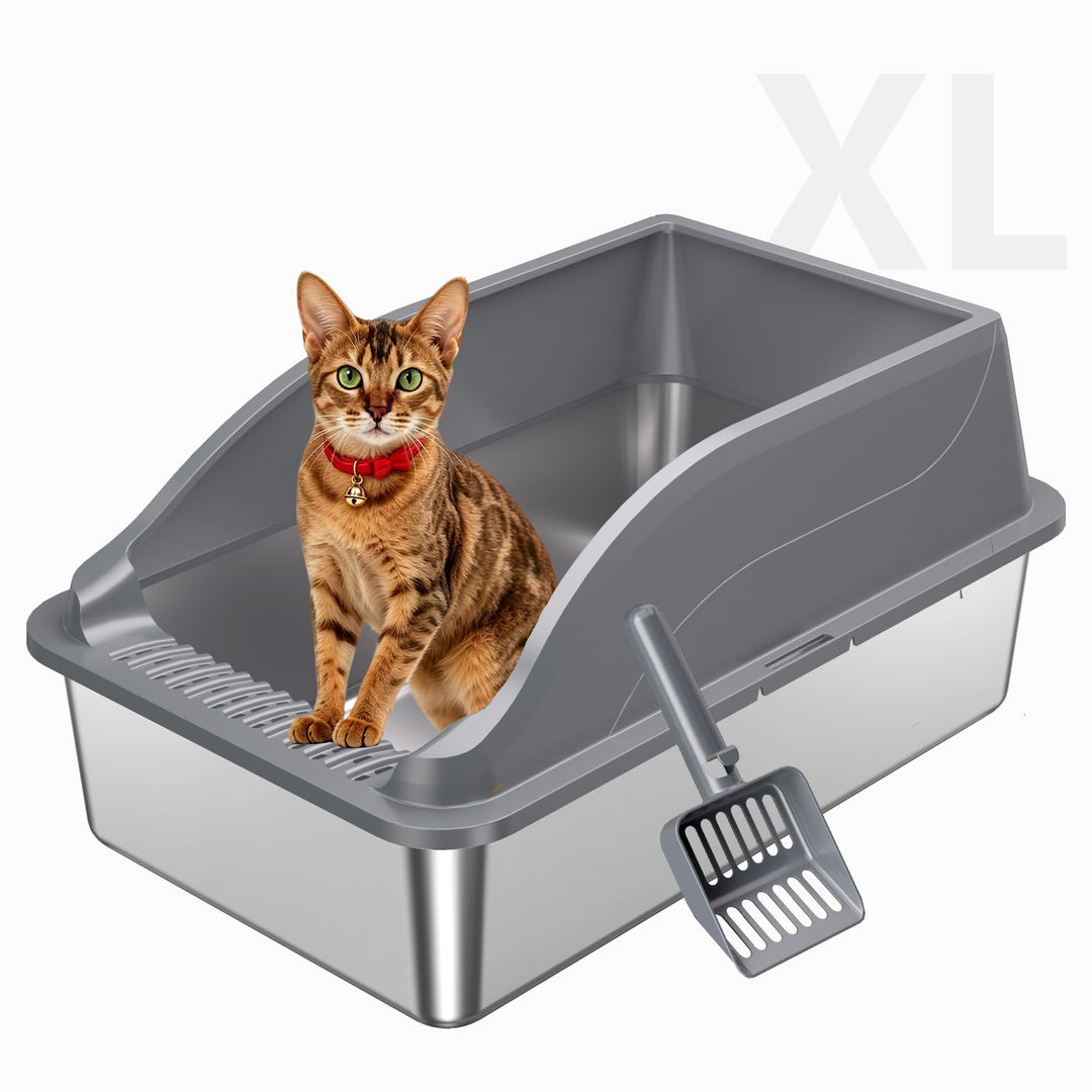 Edelstahl Katzentoilette XL, Schrägwand, Kratzfest, geruchsfrei | Porenfrei–keine Gerüche,Luftzirkul