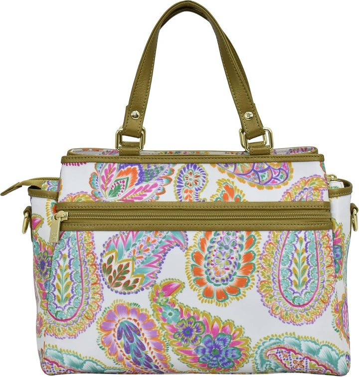 Anuschka Satchel mit Fächern - Wanderlust Kollektion - Nylonstoff mit Leader Trim und Kunstdruck Boh