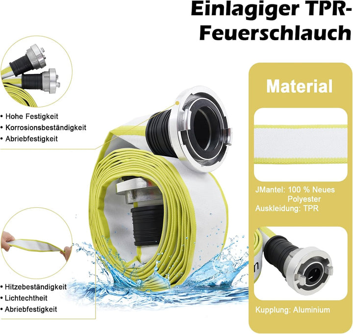 ZYfire Feuerwehrschlauch 52mm x 10m | 2 Zoll Feuerschlauch mit C-Storz Kupplung | flexibler Wassersc