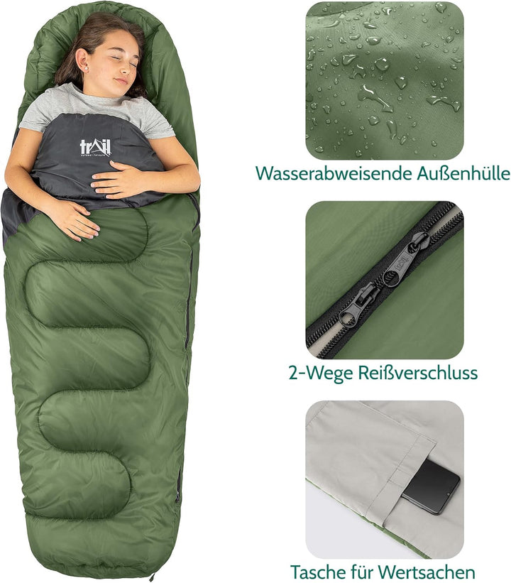 Trail Schlafsack Kinder Mumienschlafsack als Schlafsack 3 Jahreszeiten für Camping – 300gsm – für Ju