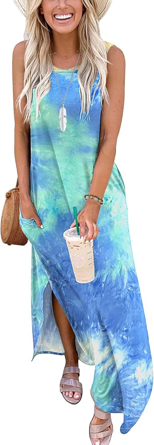 AUSELILY Maxikleider Damen Sommer Ärmellos Strandkleid Lang Sommer-Kleider M Gefärbt Blau Grün Weiss