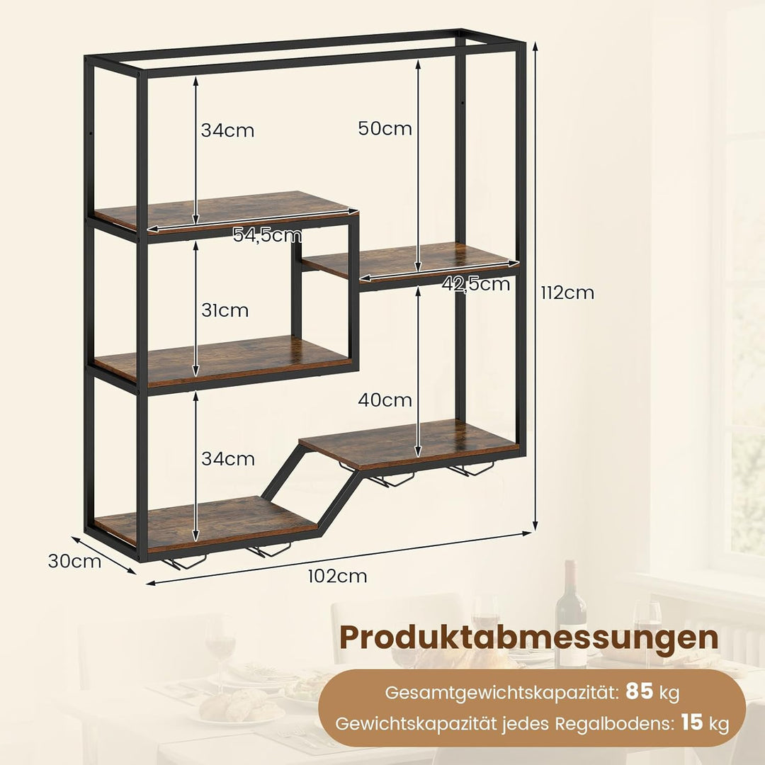 COSTWAY Weinregal Wand, Bar Regal mit 6 Regalböden &amp; 4 Glashalter, Flashenregal Metall, Weinflaschen