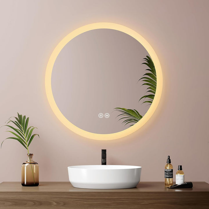 EMKE Badspiegel mit Beleuchtung Rund 50cm Badezimmerspiegel mit Touchschalter, 3 Lichtfarben dimmbar