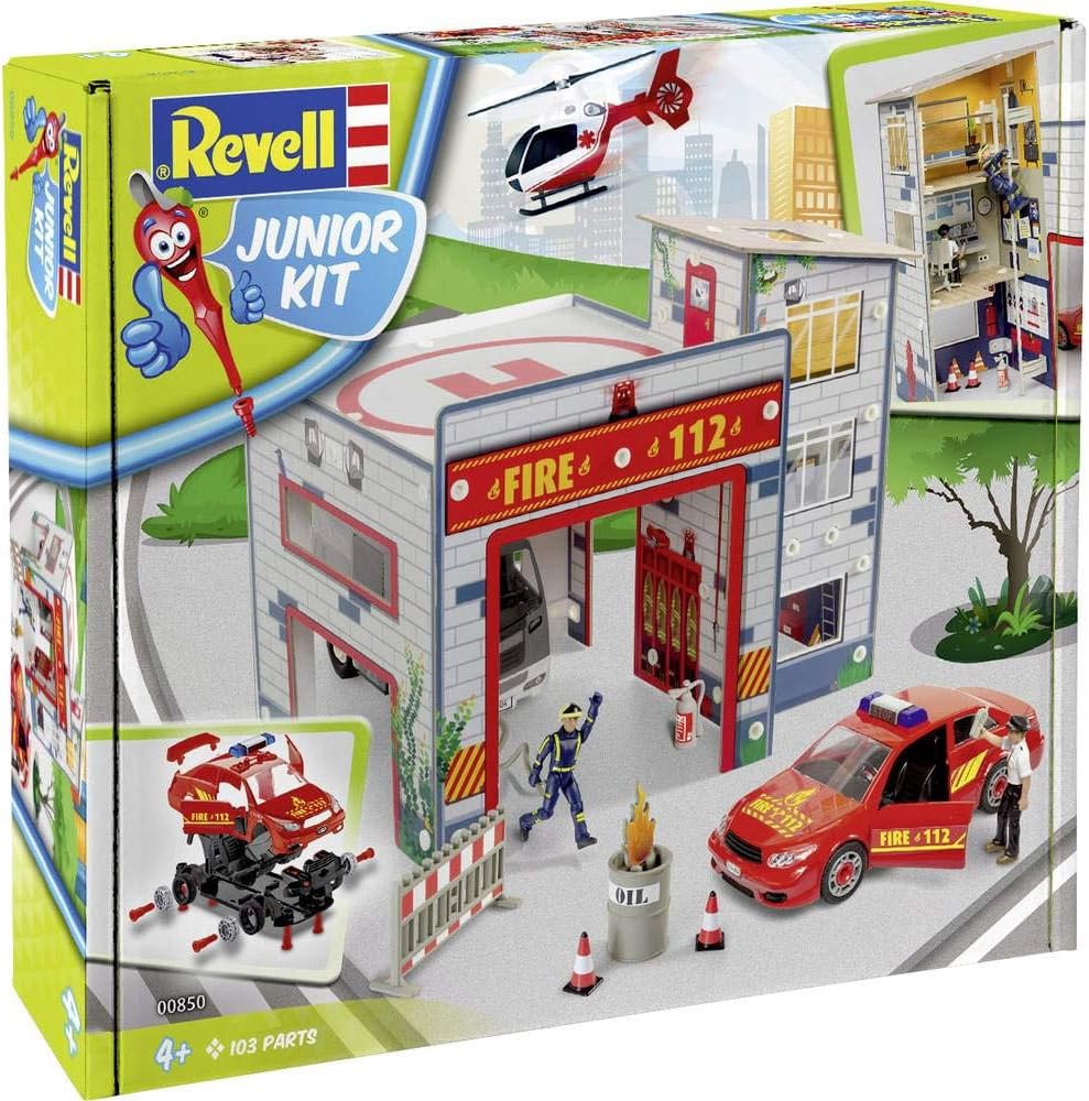 Revell Junior Kit 00850 Spielset Feuerwache, mit bespielbarer Feuerwehrstation, Auto, Figuren und Zu