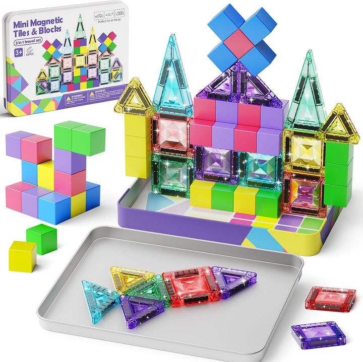 burgkidz Magnetbausteine und Magnetfliesen Reise-Set 48 Teile, 3-in-1-3,75 cm Magnetfliesen &amp; 1,875