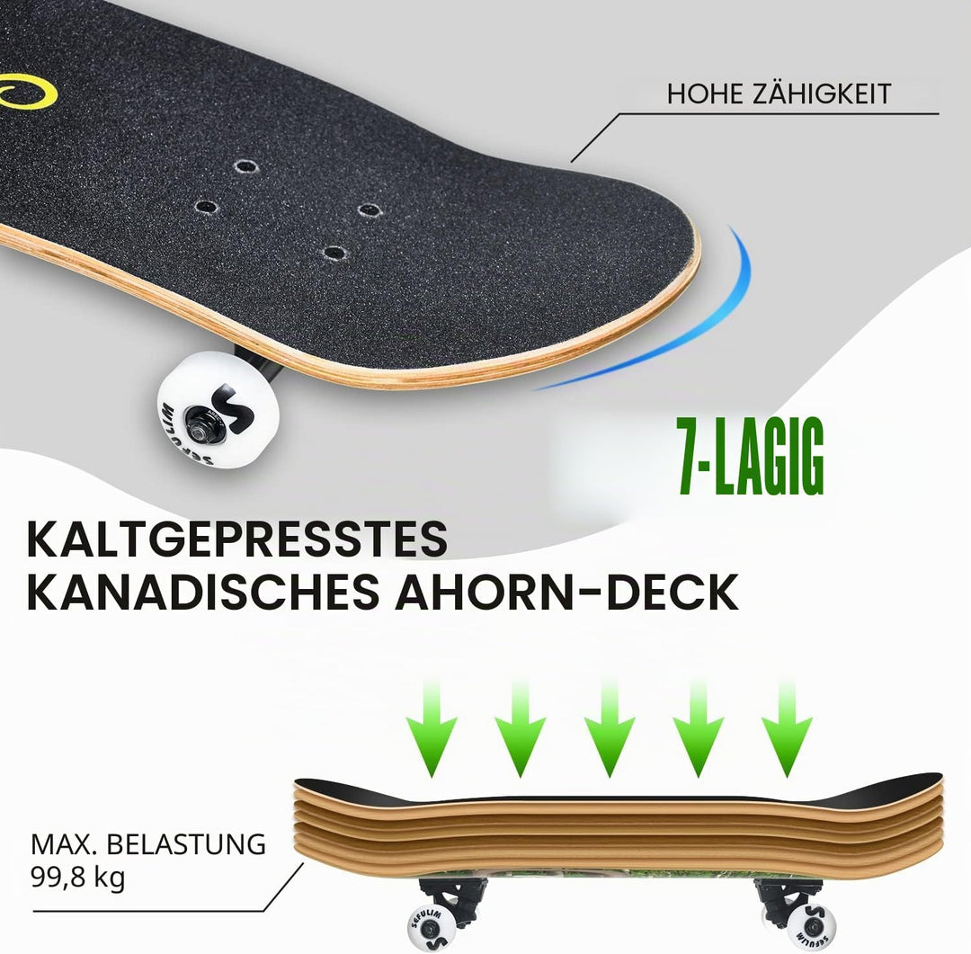 Sefulim 78,9 x 20,3 cm komplettes Skateboard, 7-lagig, kanadischer Ahorn, Doppel-Kick-Deck-Skateboar