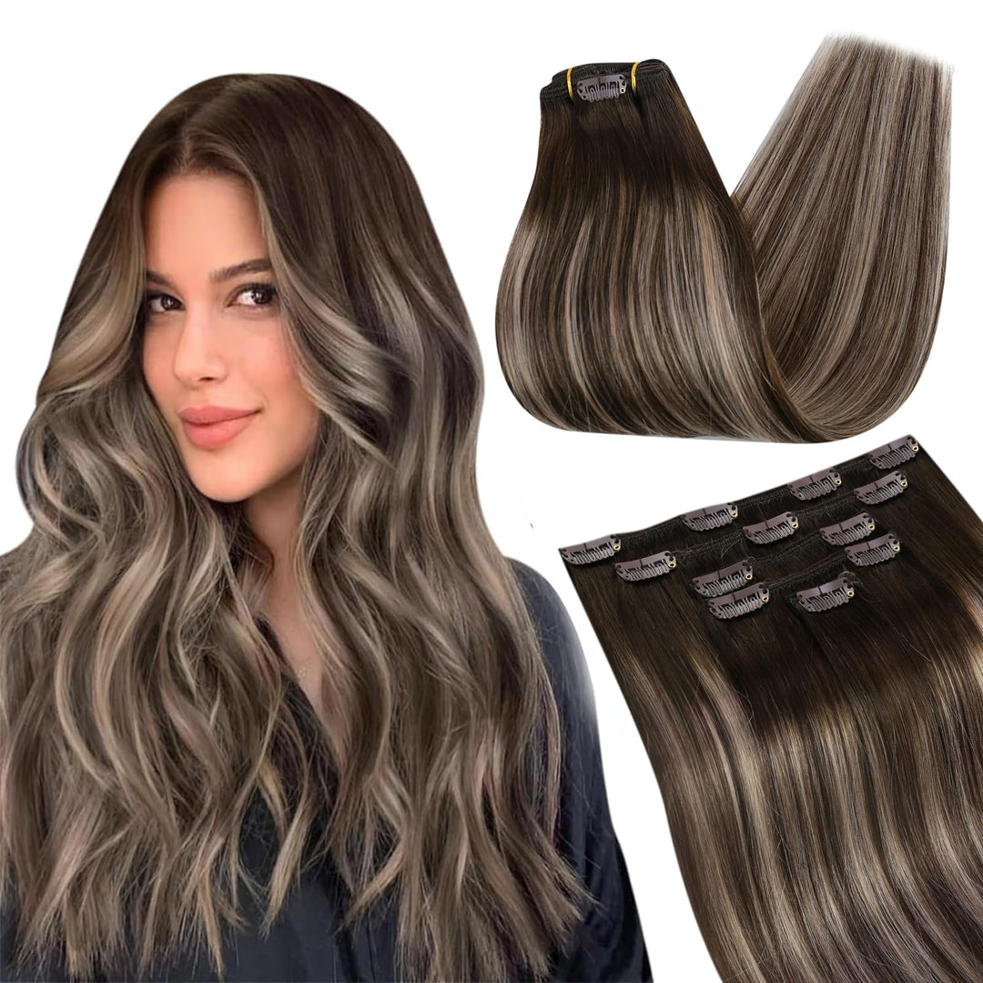 Ugeat Echthaar Clip in Extensions Aschblond 30 cm 85G 5 Stück 