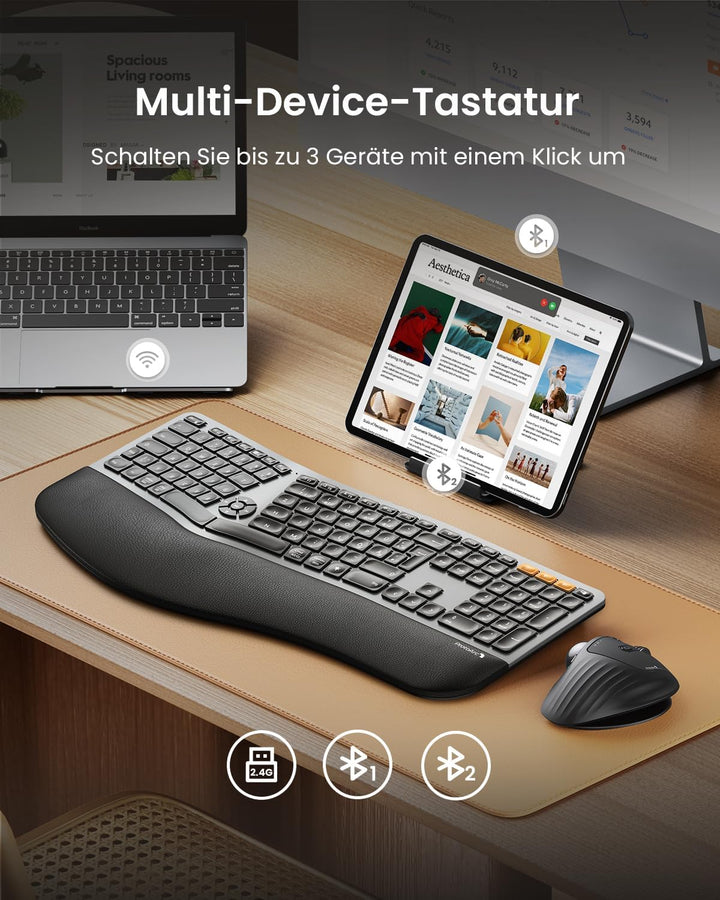 ProtoArc EM11 NL Ergonomische Vertikale Maus und EK01 Plus Ergonomische Tastatur Kabellos Beleuchtet