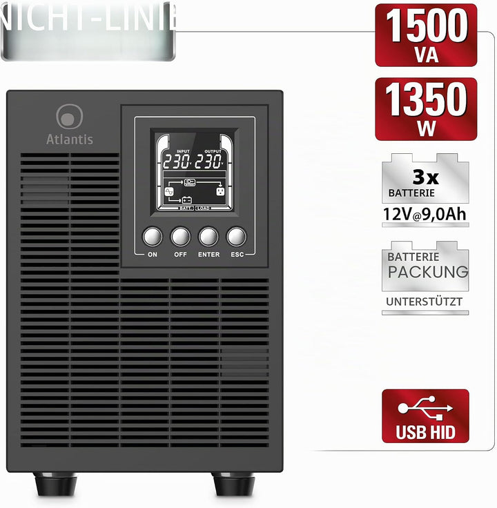 Atlantis A03-OP1502P PRO UPS OnLine USV Server Doppelwandler Reine Sinuswelle 1500VA 1350W, Tower, L