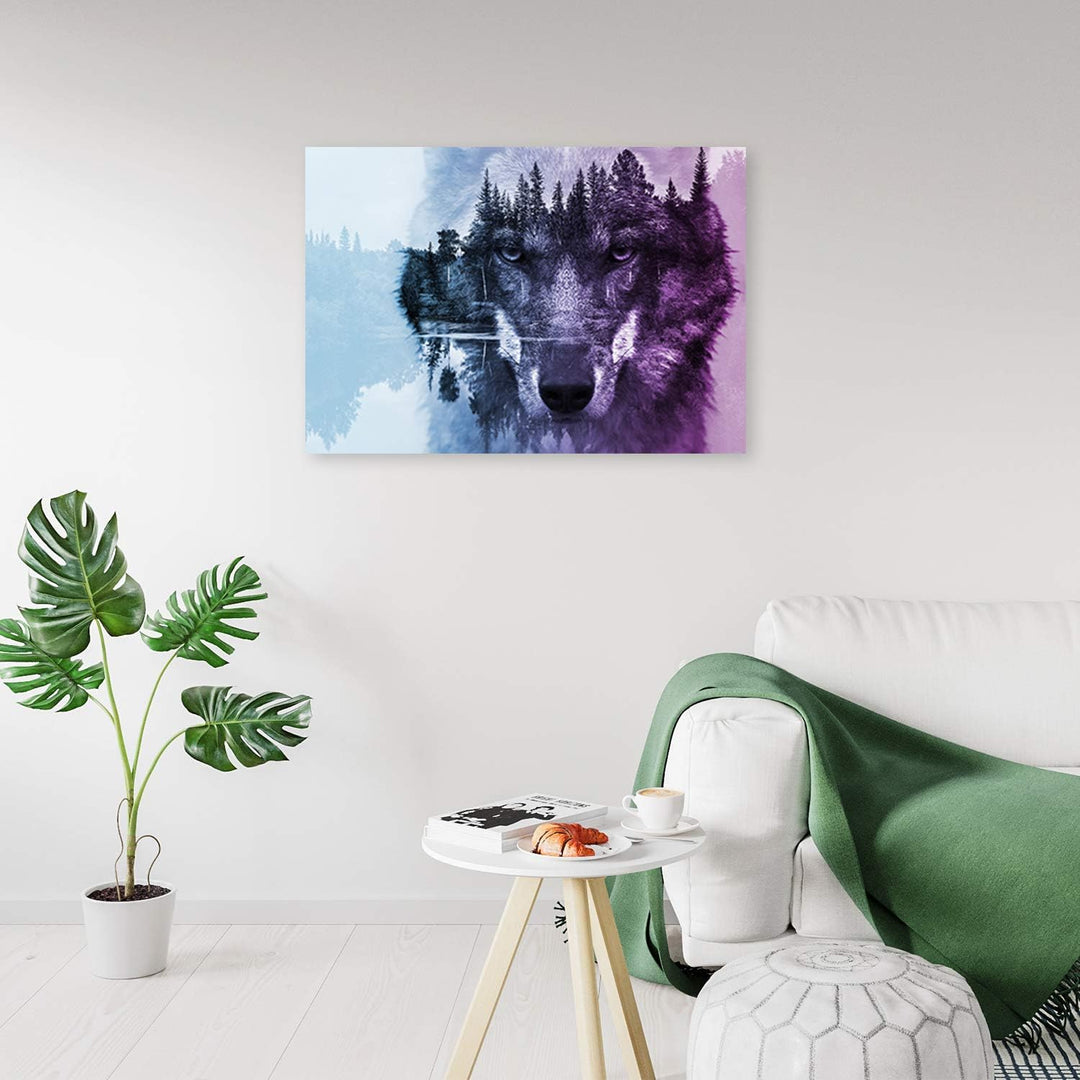 Feeby Leinwandbild Wolf Bild Kunstdruck Natur Violett 70x50 cm Leinwandbild 70x50 cm Violett_a, Lein
