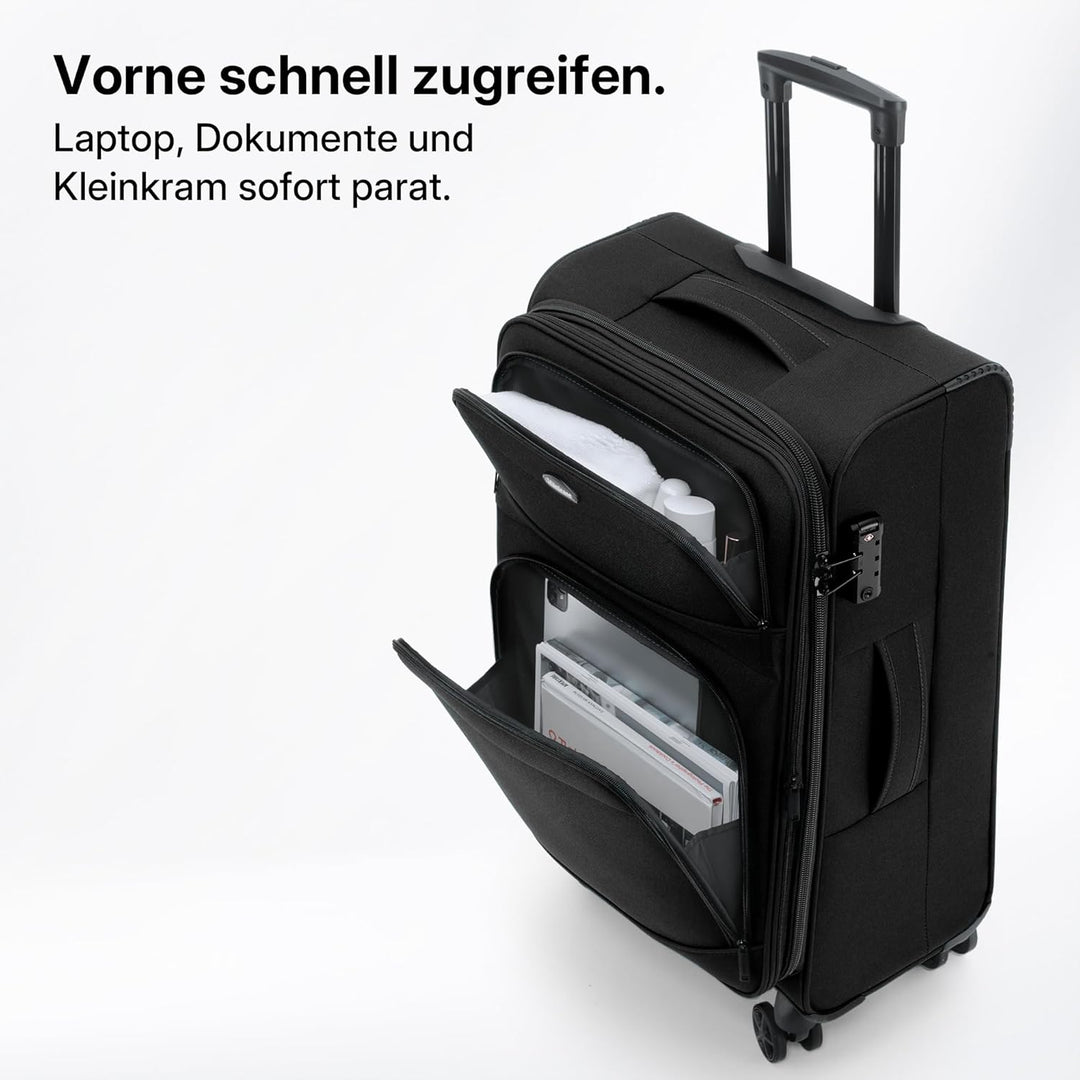 Stoffkoffer erweiterbar mit Frontfächern,15% Extra-Volumen, TSA-Schloss, 360° Doppelrollen &amp; verdeck