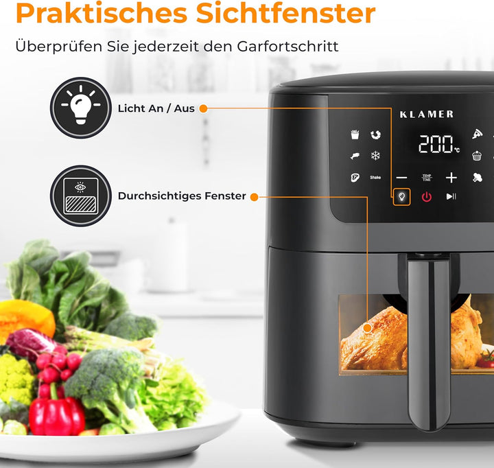 KLAMER Heissluftfritteuse 5l XL, Heissluftfritteuse mit Sichtfenster &amp; Schüttel-Erinnerung, Ölfreier