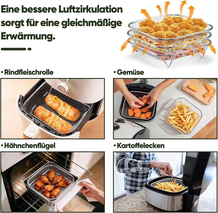 Homikit Heissluftfritteuse Zubehör, 3 Lagiges Stapelbar Edelstahl Grillrost Airfryer Zubehör mit 8 S