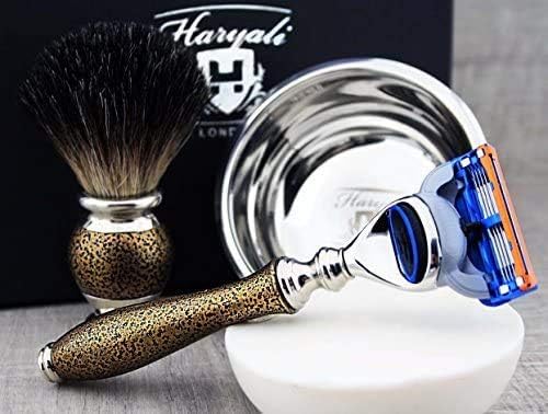 Haryali London Gold Antik Design 5 Edge Rasiermesser, Rasierpinsel, Rasierschale, Rasierseife und Al