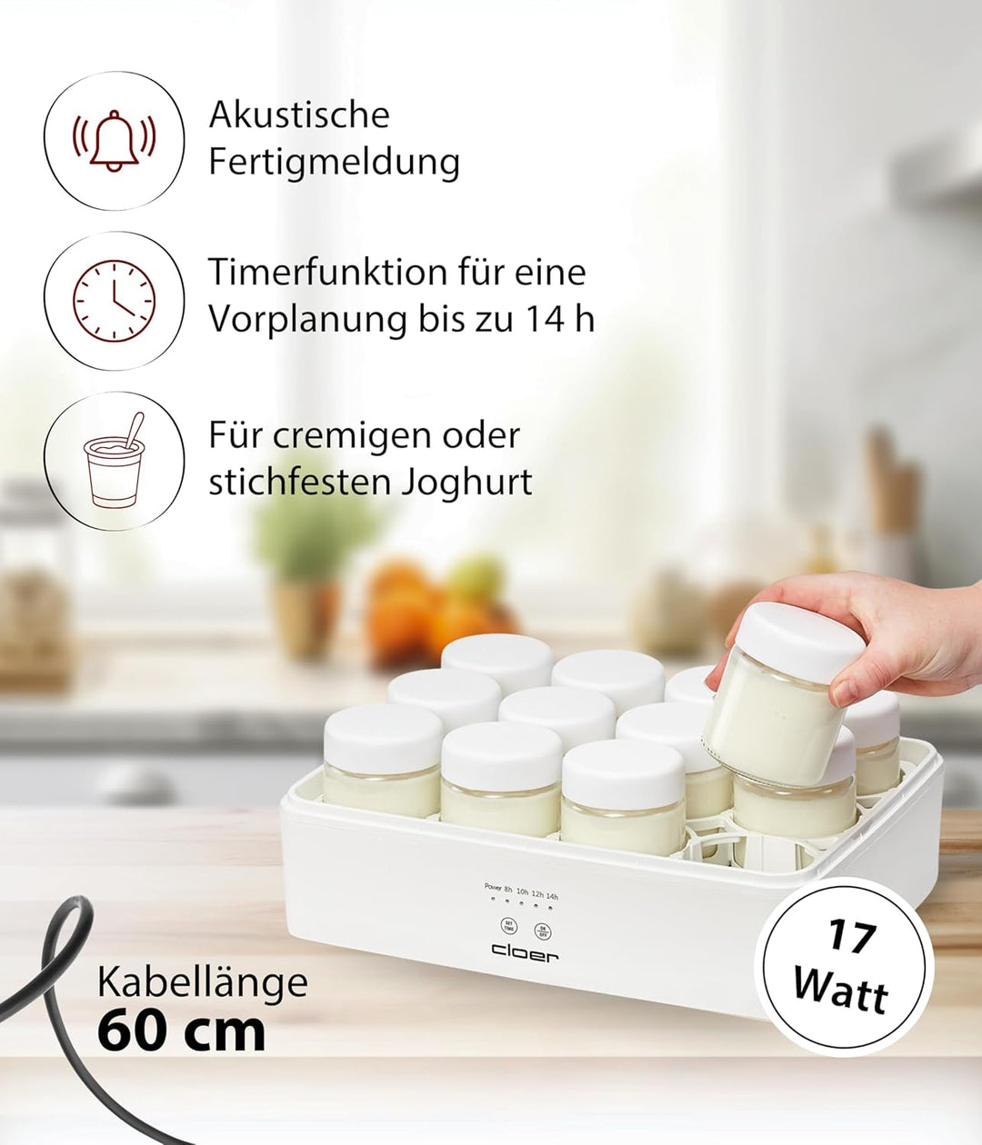 Cloer 9921 Joghurtbereiter für 12 Gläser, je 150 ml Fassungsvermögen, für Joghurt und Fermentkulture