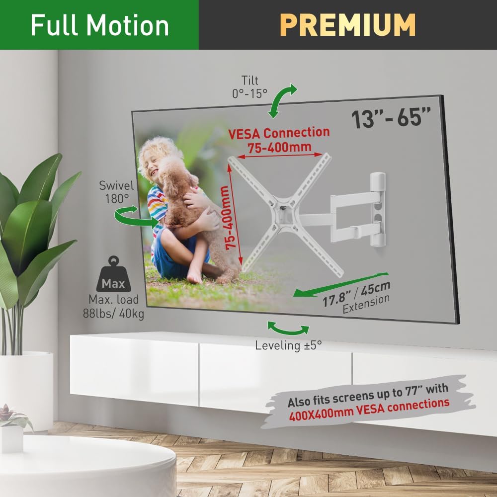 Barkan TV-Wandhalterung, 13-65 Zoll (33-165 cm), voll beweglich, 4 Bewegungen, Flache/Gebogene Bilds