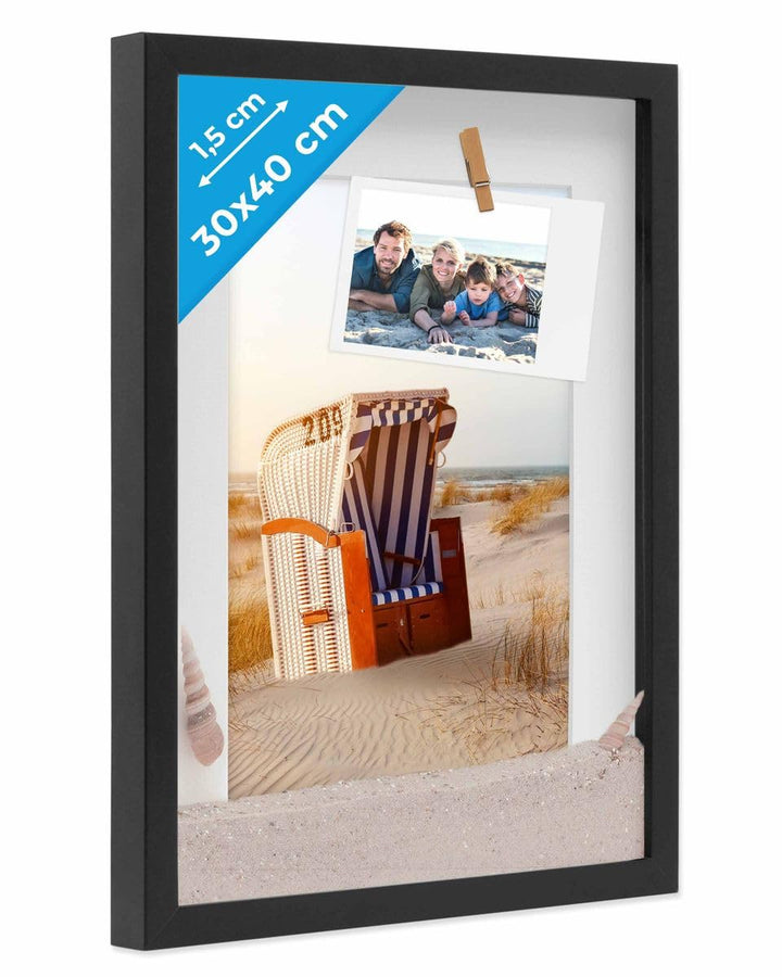 PHOTOLINI 3D Bilderrahmen zum Befüllen 30x40 Schwarz gross, 1,5 cm tiefer Objektrahmen mit Glas, tie