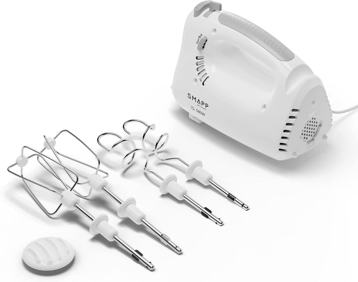 SMAPP 451.4 Handmixer, 580W, Weiss Küchenmixer, 5 Geschwindigkeiten + Turbo Boost, 2 Rührbesen und 2