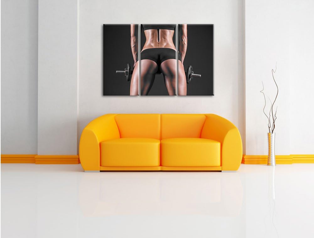 Pixxprint Sexy Frau mit Hanteln B&amp;W Detail als Leinwandbild/Grösse: 3 Teilig (120x80 cm) cm/Wandbild
