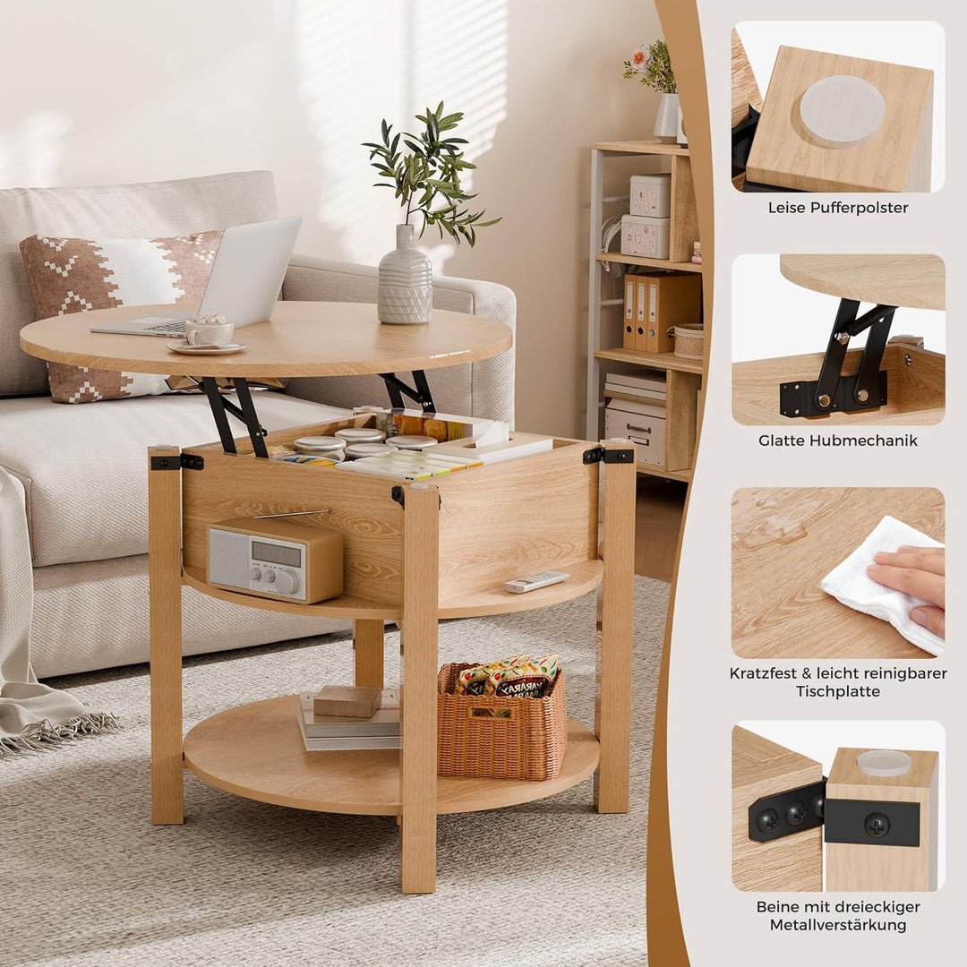 ELUCHANG Couchtisch Rund mit Hebeplatte, Couchtisch Höhenverstellbarer 2 in 1, Beistelltisch Wohnzim