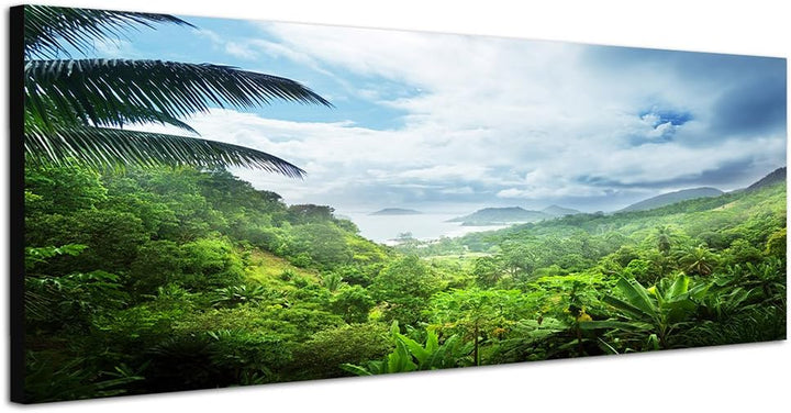 Paul Sinus Art Panoramabild auf Leinwand und Keilrahmen 150x50cm Seychellen Wald Palmen Wolken