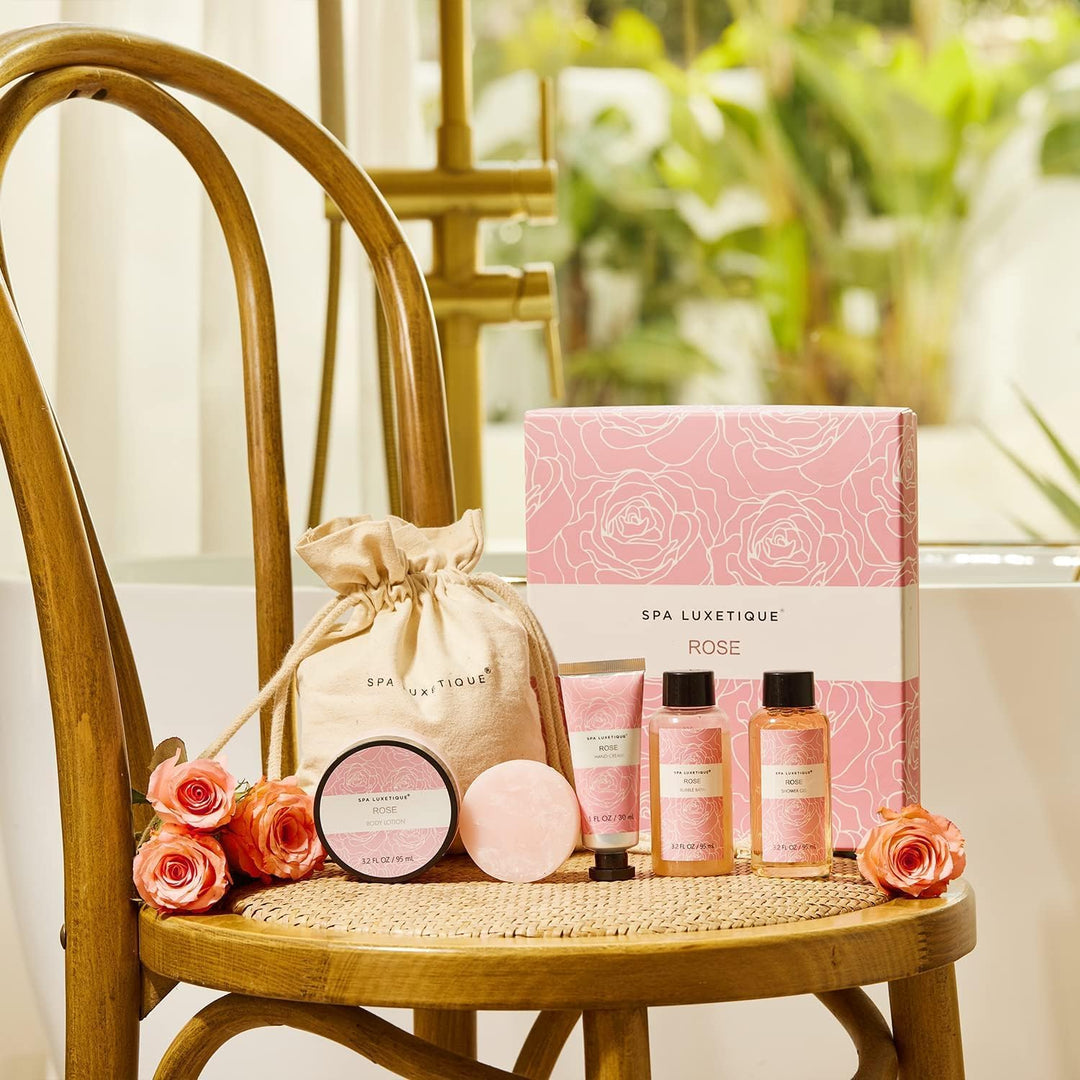 SPA LUXETIQUE Bade Geschenkset für Frauen-6tlg Pflegeset Rosenduft in Reisegrösse Duschgel, Bodyloti