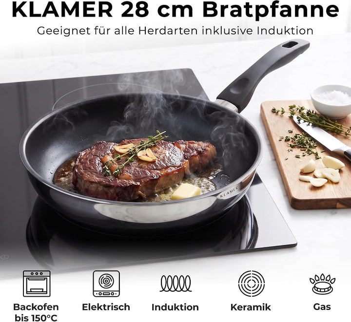 KLAMER Bratpfanne (24 + 28cm) Induktion – Profi Edelstahlpfanne mit Greblon® C3+ Antihaftbeschichtun
