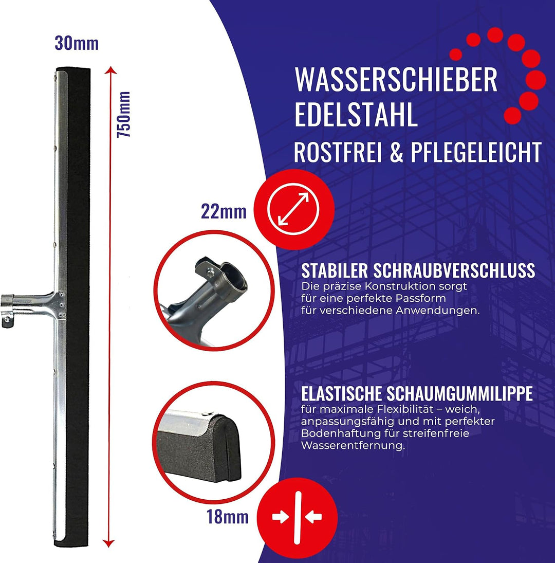 Chle-Mar Wasserschieber Bodenabzieher 75 cm, aus Edelstahl mit Schaumgummi | Abzieher Boden für Inne