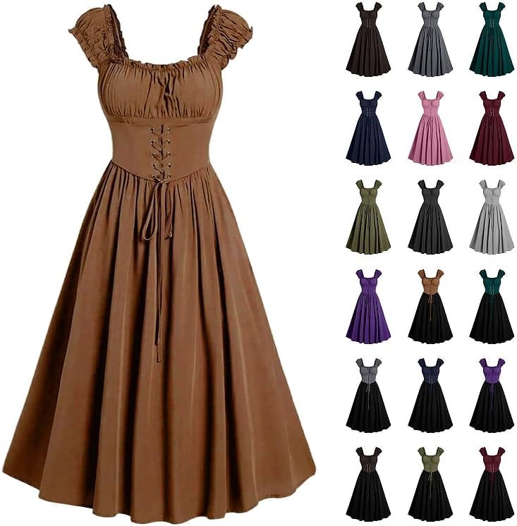 Mittelalter Kleidung Damen Vintage Gothic Kleid Elegant Ärmellos Partykleid Retro Halloween Kostüm M