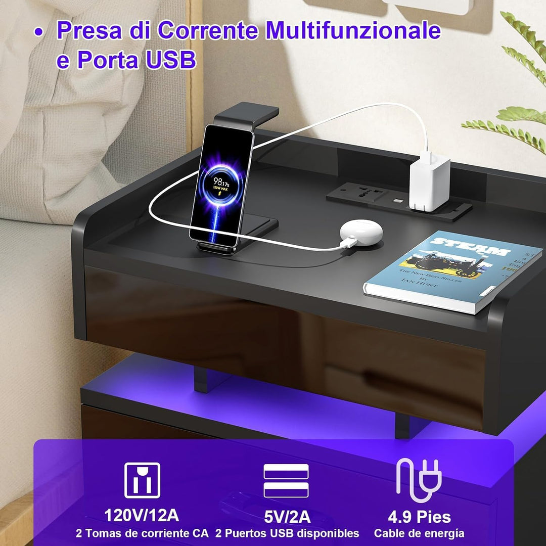 PIPIPOXER 2er Set Nachttisch mit LED, Nachtschrank mit Steckdosen und USB Anschlüsse mit 3 Schublade